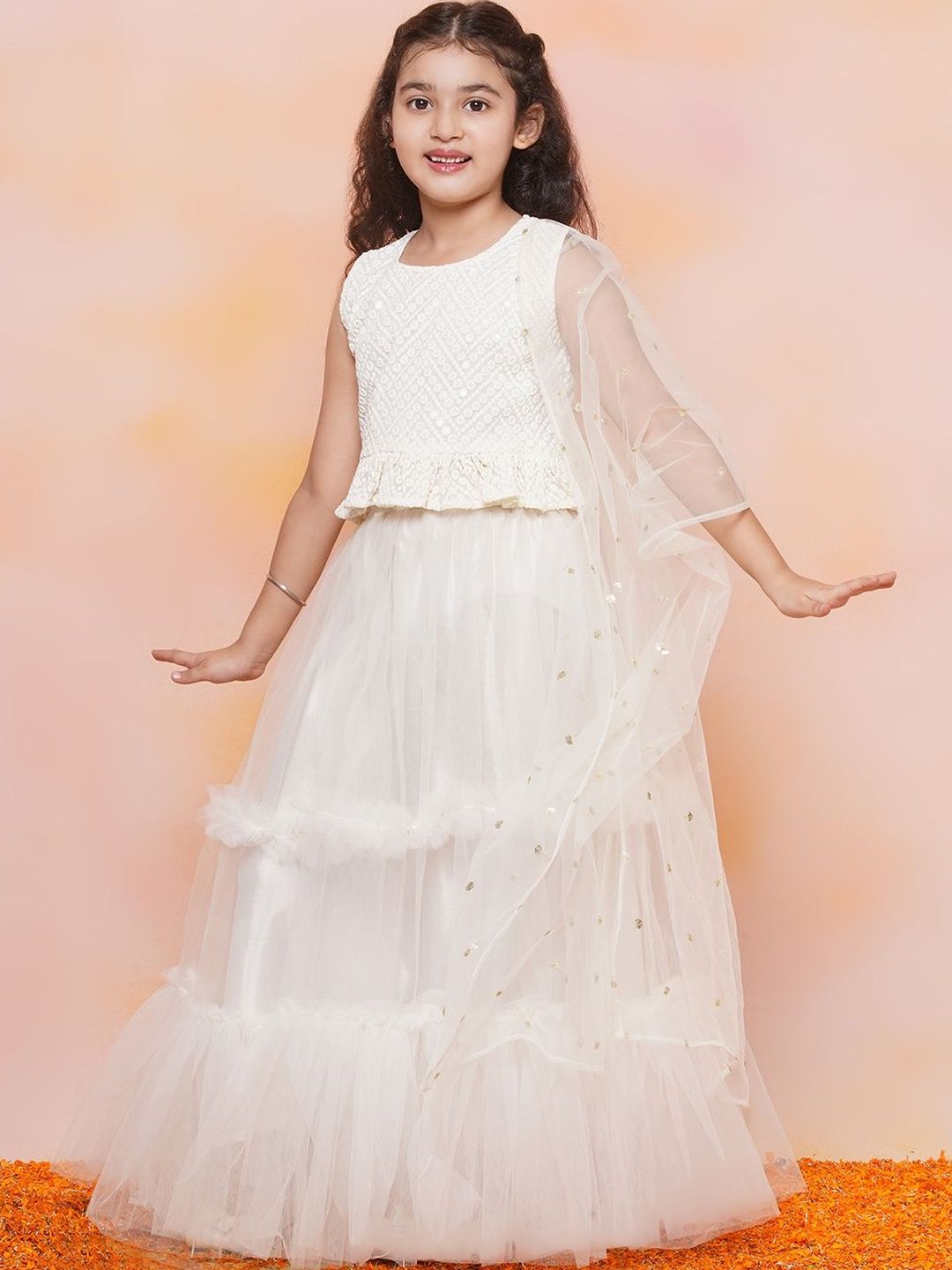 KALINI Girls Embellished Thread Work Ready to Wear Lehenga & Blouse With Dupatta