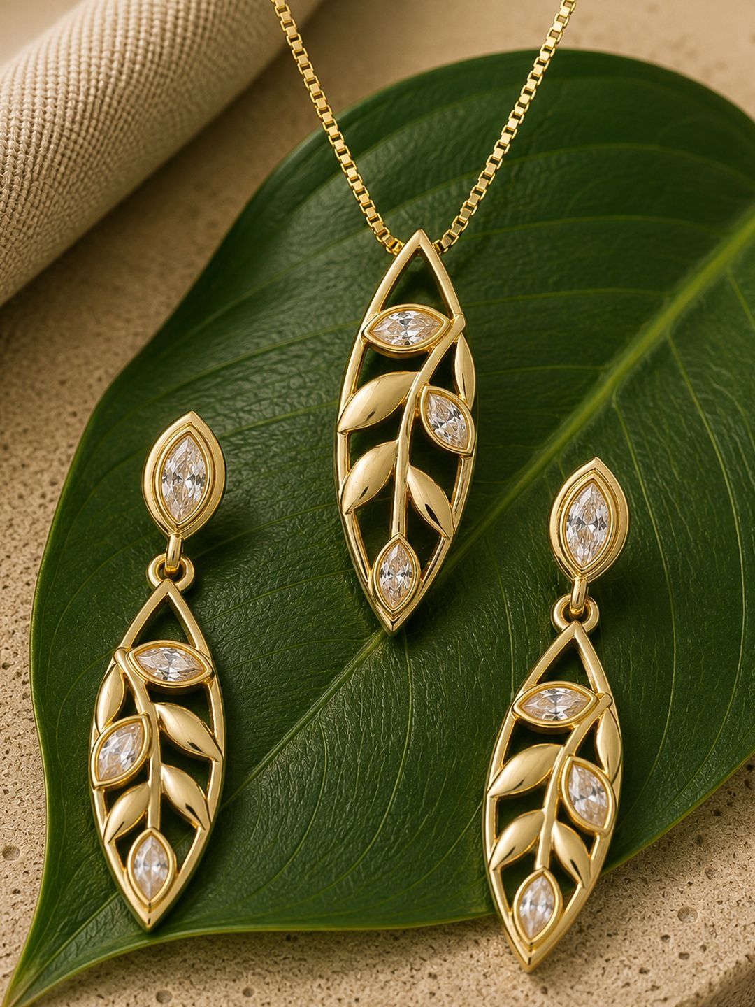 Komisse Gold Pendant Set Voylla Gold-Plated Cubic Zirconia Pendant and Earrings