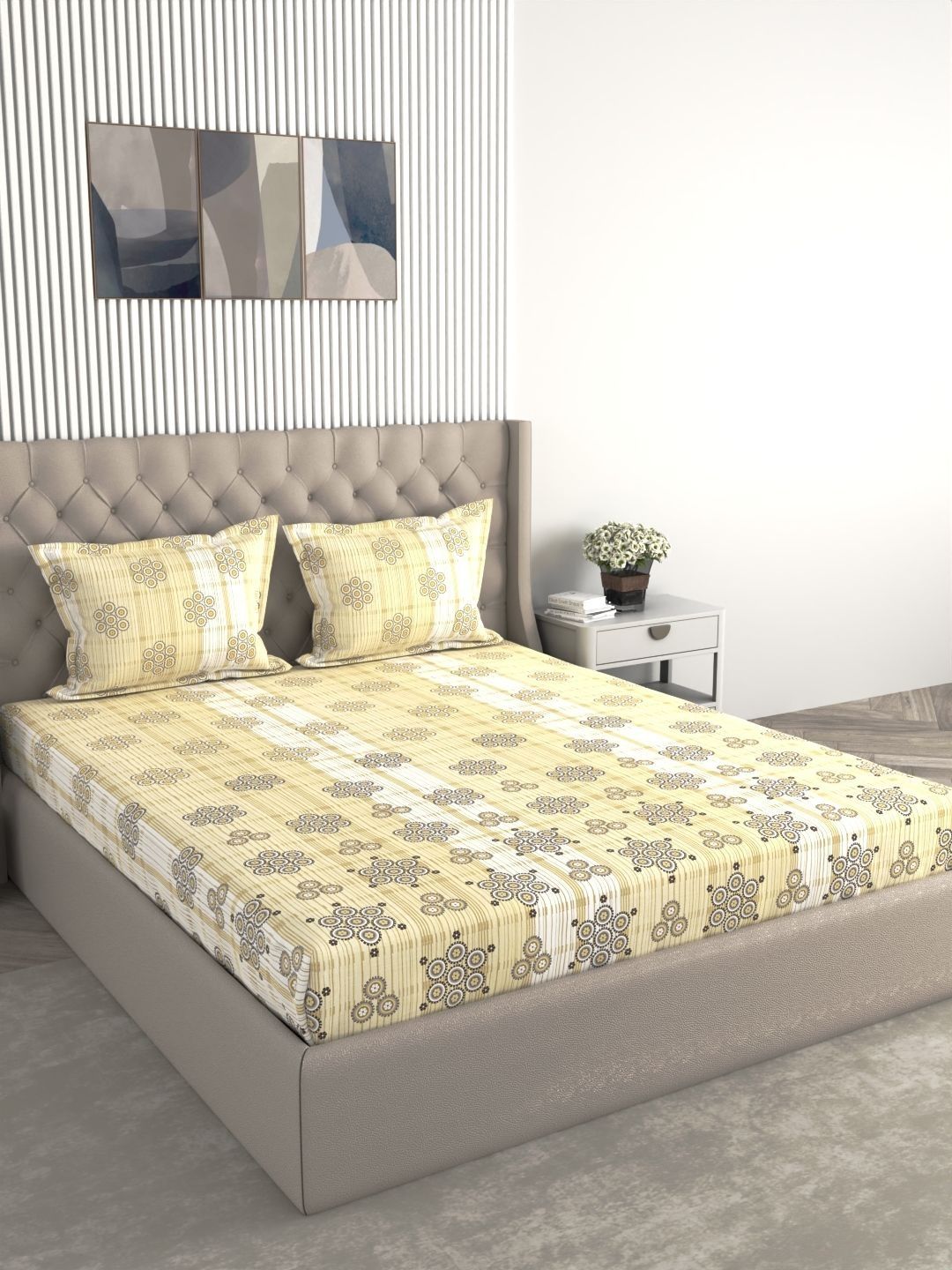 Raymond Home Raymond Home Cream-Coloured & Beige Geometric 140 TC King Bedsheet with 2 Pillow Covers