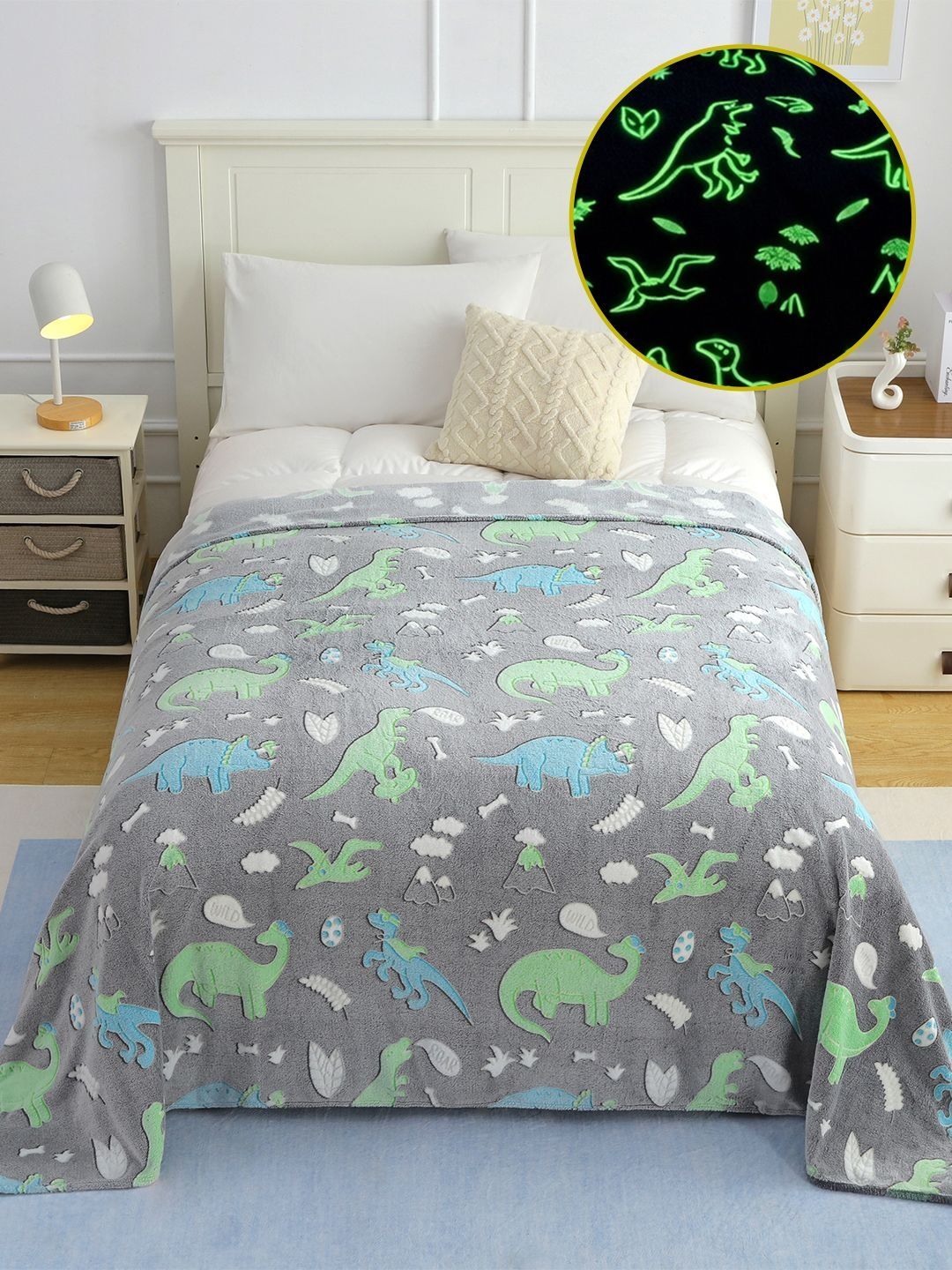 Dino Single Bed Blanket Story@home Grey & Green Kids Glow In Dark Dinosaur Single Bed 300 GSM Blanket