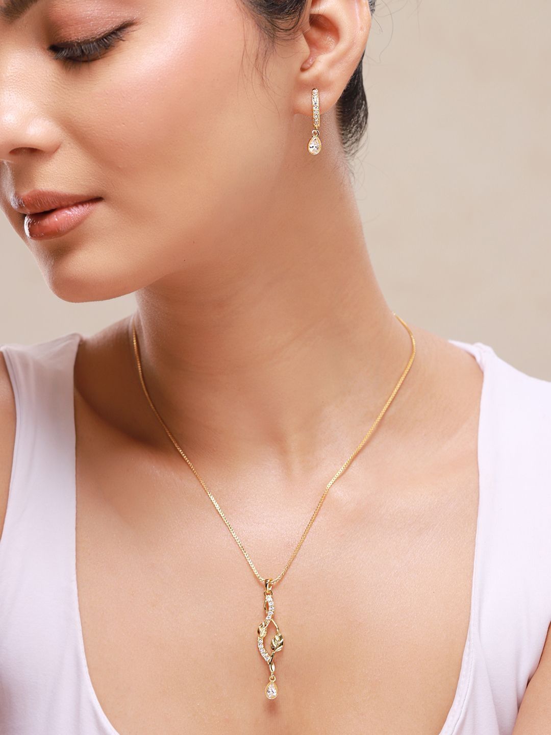 Florielle Gold Pendant Set Voylla Gold-Plated Cubic Zirconia Pendant and Earrings