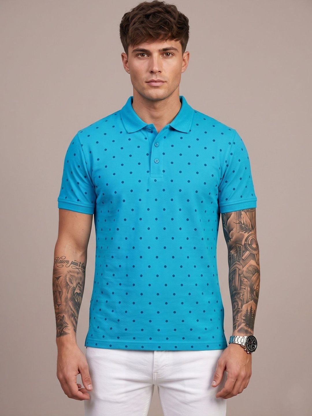 SANDPIPER Men Polka Dot Printed Polo Collar T-shirt