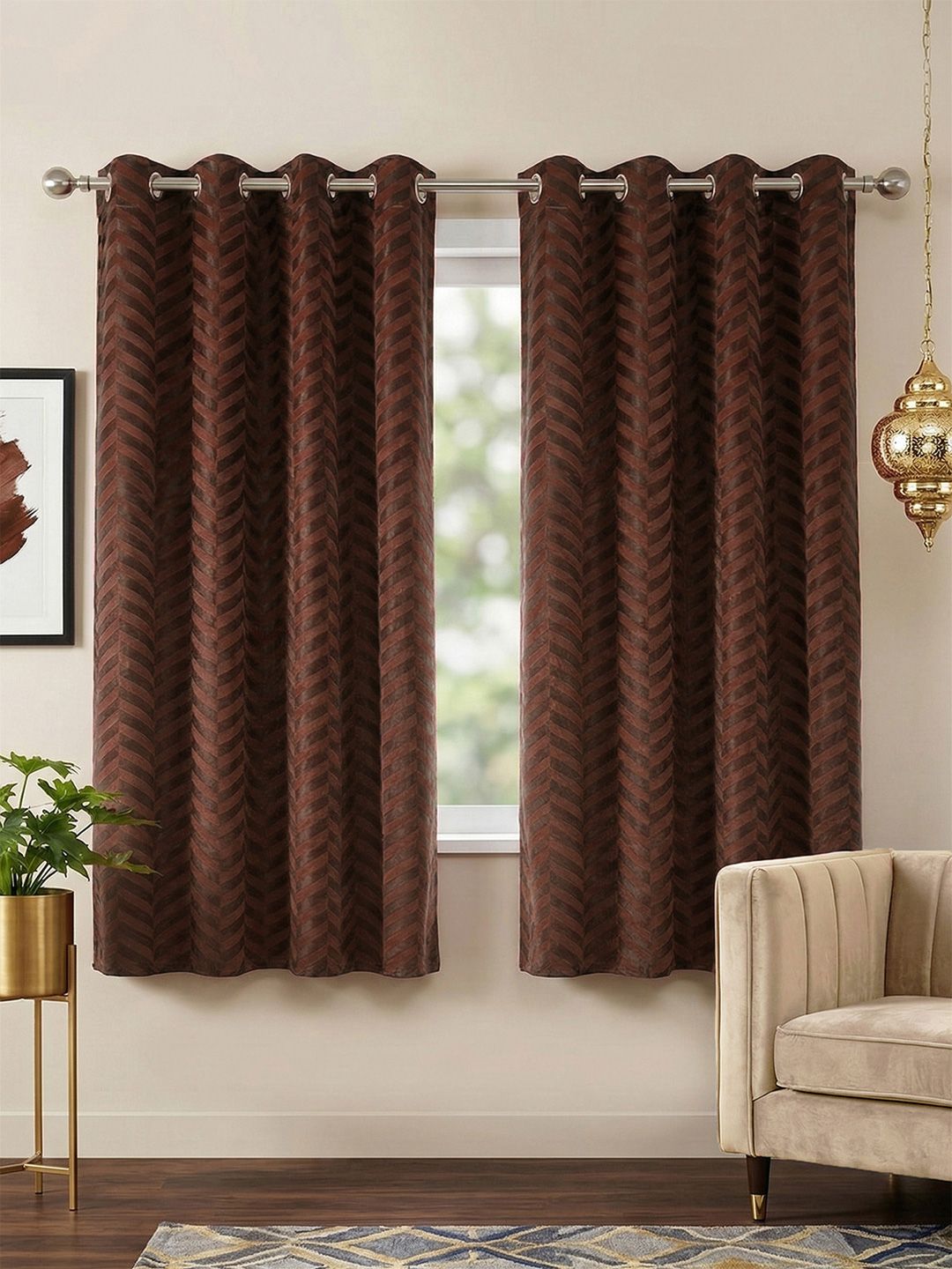 Story@home Brown Set of 2 Geometric Room Darkening Window Curtain