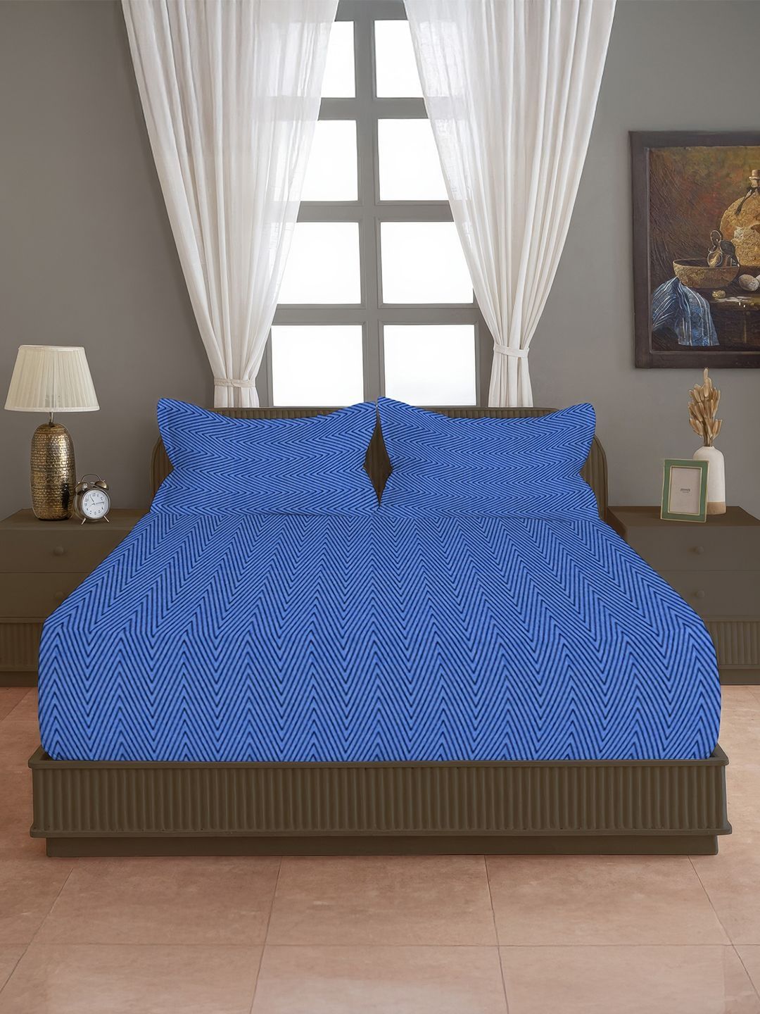 SWAYAM SWAYAM Blue 180 TC Bedsheet with 2 Pillow Covers