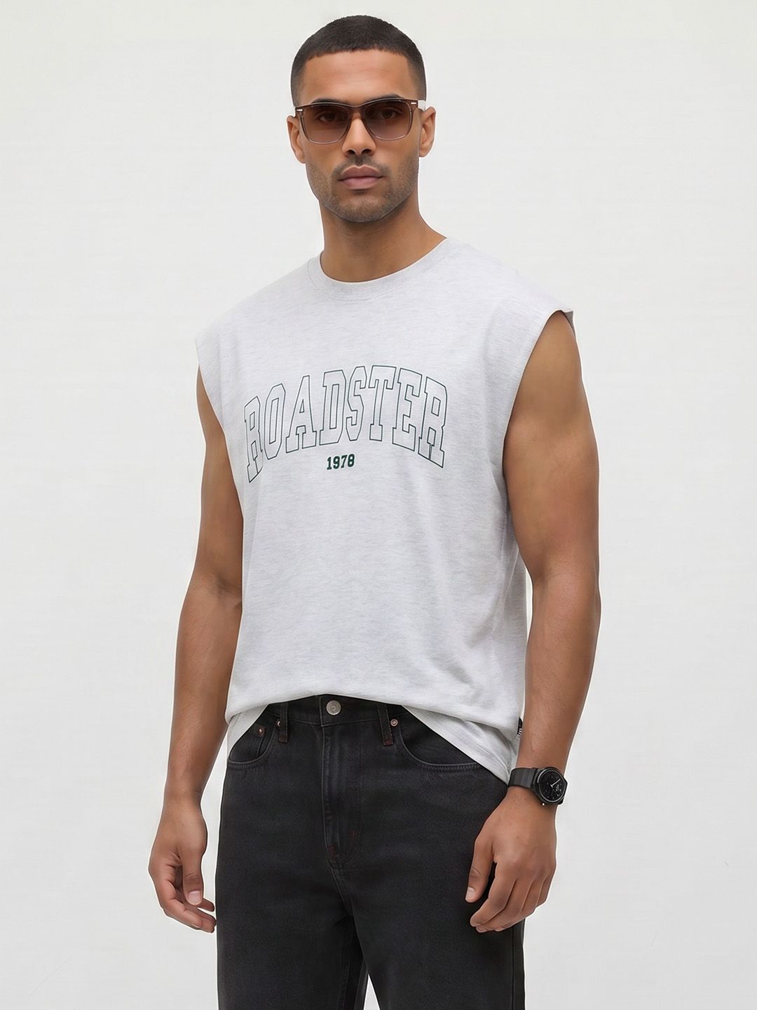 The Roadster Life Co. Typography Sleeveless Pure Cotton T-shirt