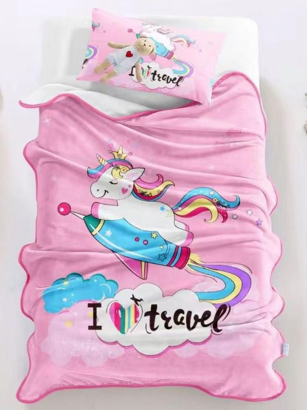 Butterthief Butterthief Pink & Blue Cartoon Characters AC Room 210 GSM Blanket