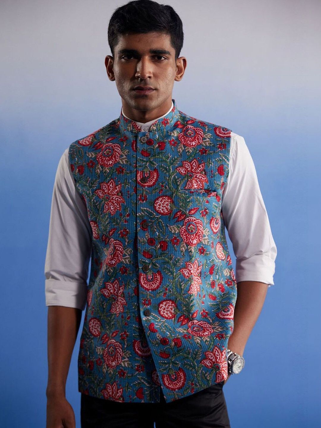VASTRAMAY Men Kalamkari Printed Kantha Work Cotton Nehru Jacket