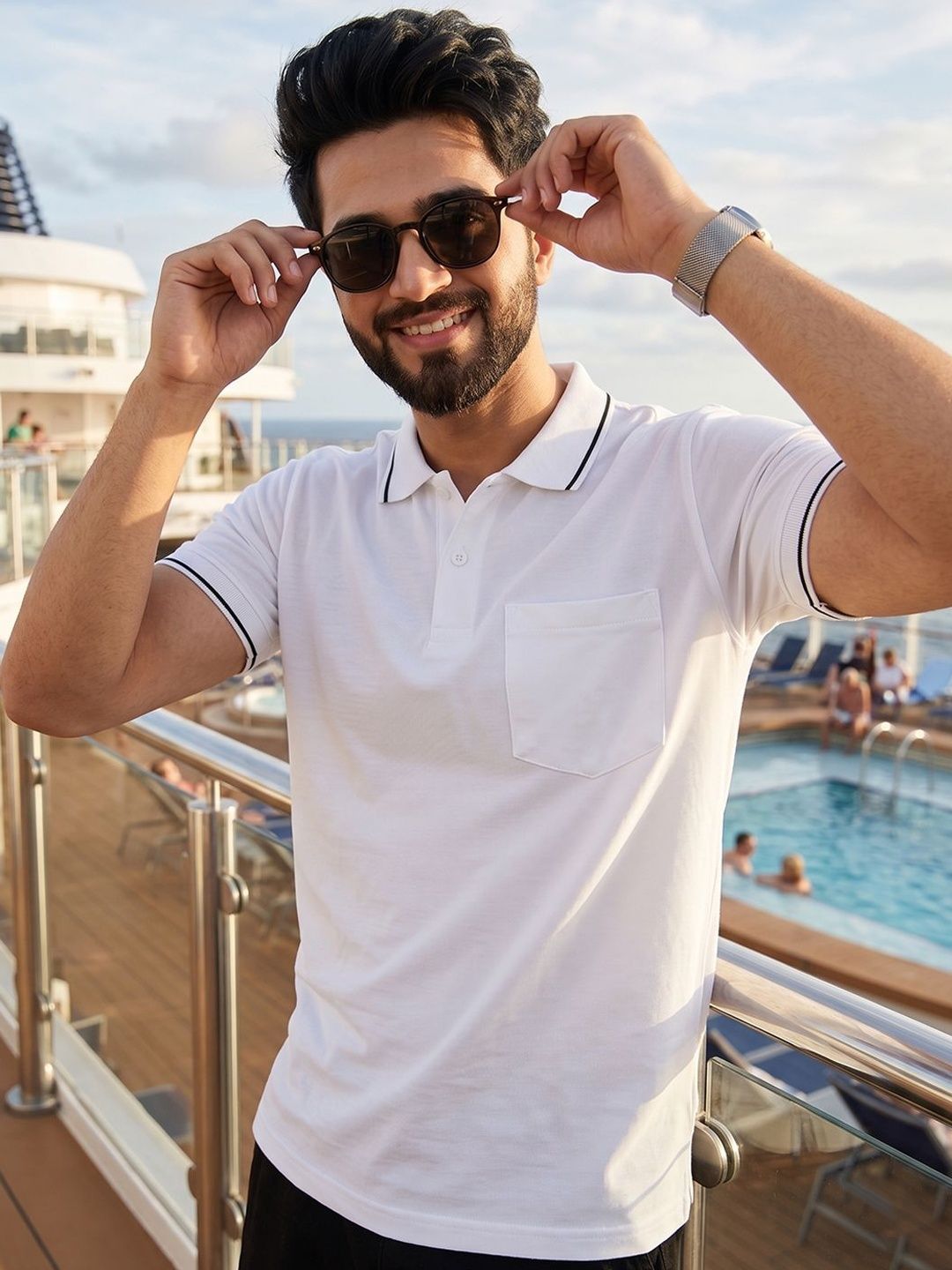 HERE&NOW Men Polo Collar Pockets T-shirt