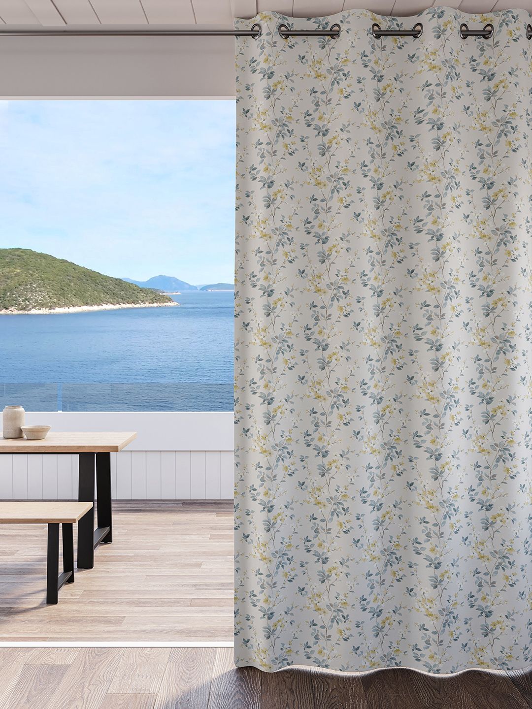 DDecor DDecor Gold-Toned & Blue Floral Room Darkening Long Door Curtain
