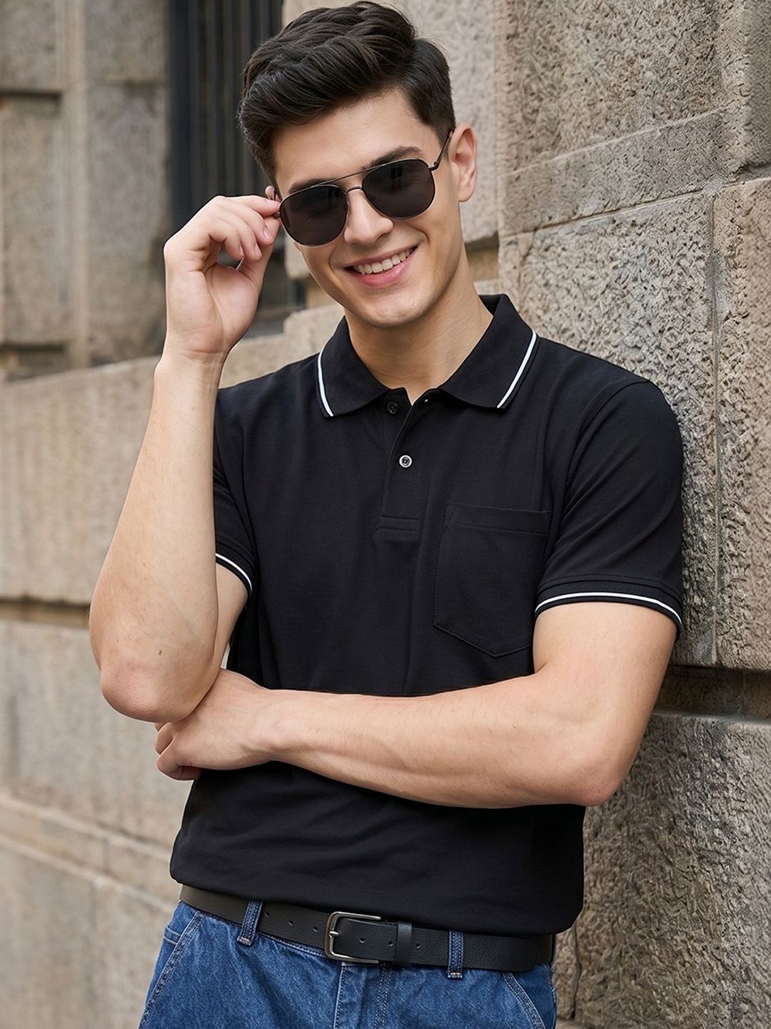 HERE&NOW Men Polo Collar Pockets T-shirt