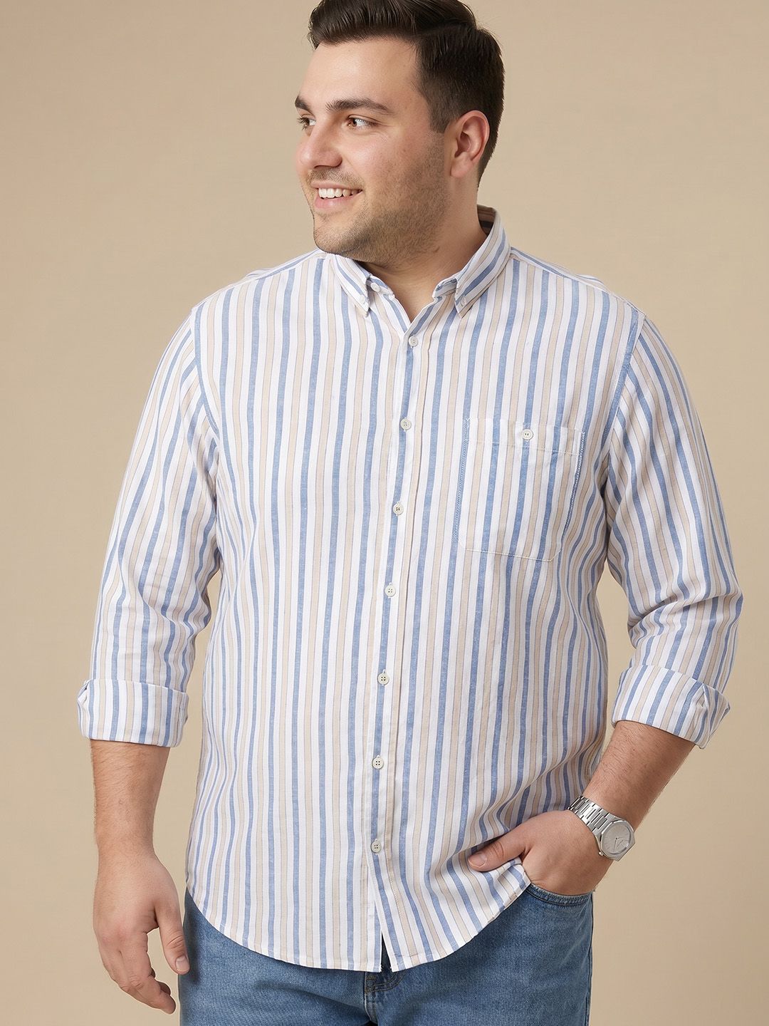 Thomas Scott Men Premium Plus Size Button Down Collar Vertical Striped Cotton Linen Casual Shirt