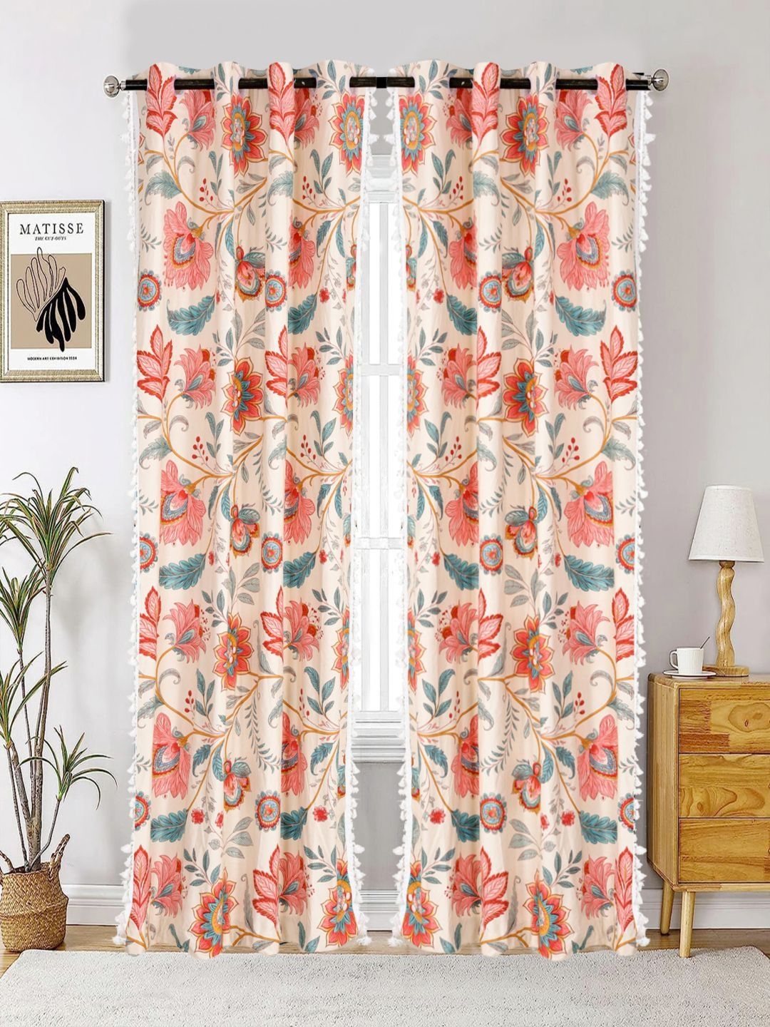 Aura Red & Cream-Coloured Set of 2 Floral Door Curtain
