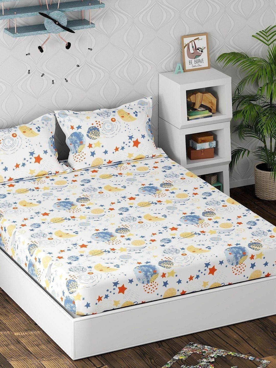 Pure Decor Kids Cartoon Cradle White Cartoon 250TC Cotton Double Bed Bedsheet & 2 Covers