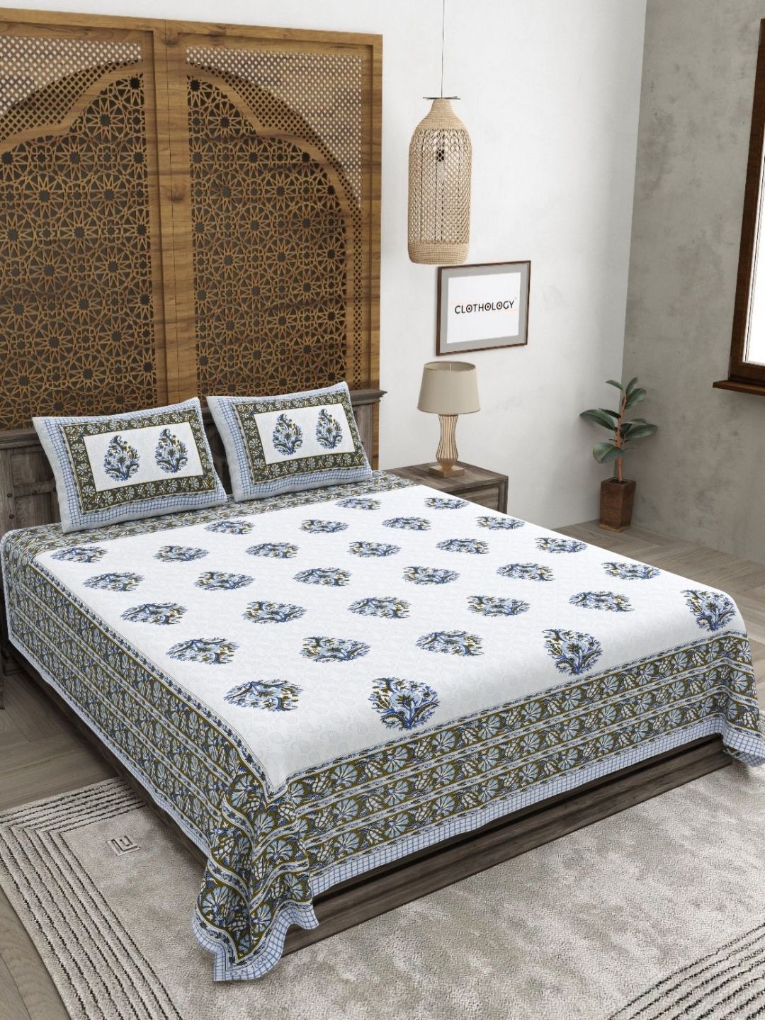 CLOTHOLOGY CLOTHOLOGY Indigo Mughal Floral Bagh-e-Noor 180 TC Cotton King Bedsheet with 2 Pillow Cover