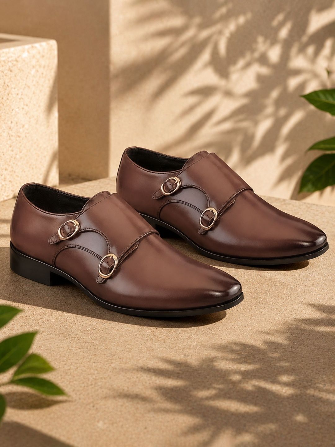 House of Pataudi Men Pointed Toe Buckle Monk Formal Shoes