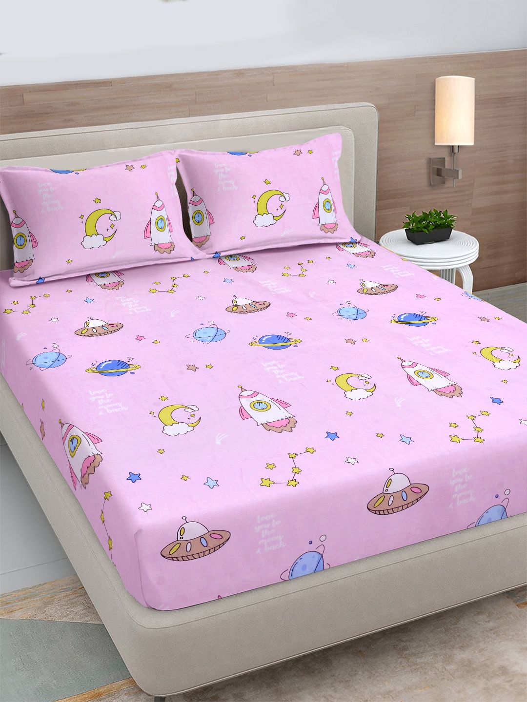 FABINALIV FABINALIV Pink Cartoon Print Polycotton 300 TC Fitted King Bedsheet with 2 Pillow Covers