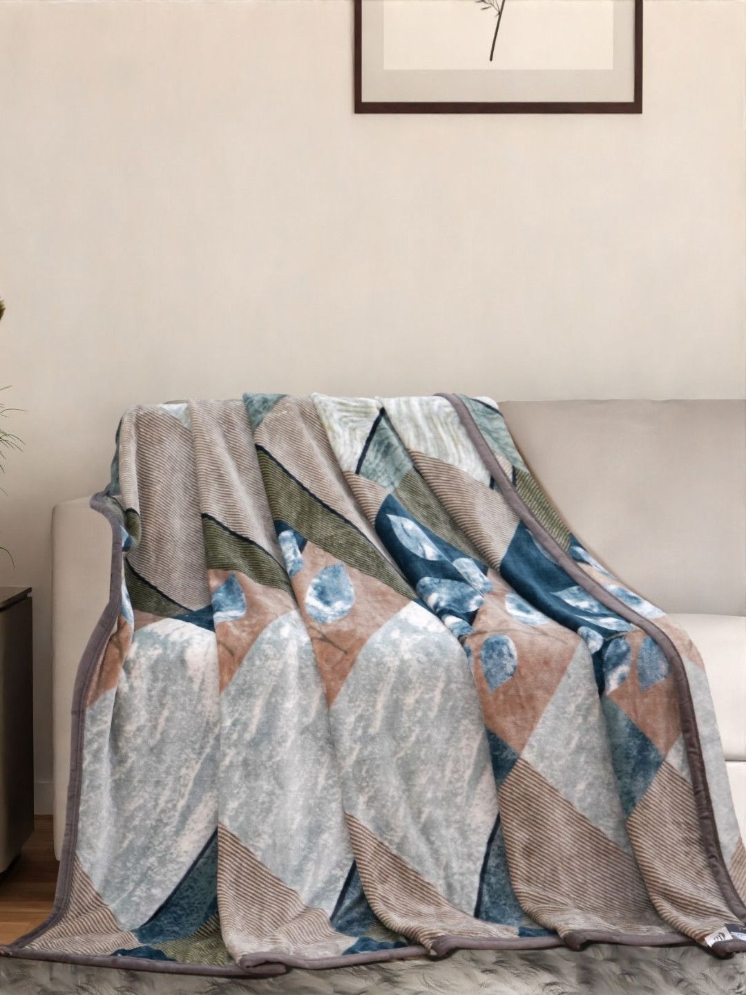 Florida Florida Hazel Beige & Blue Floral Fleece 300 GSM Double Bed Blanket