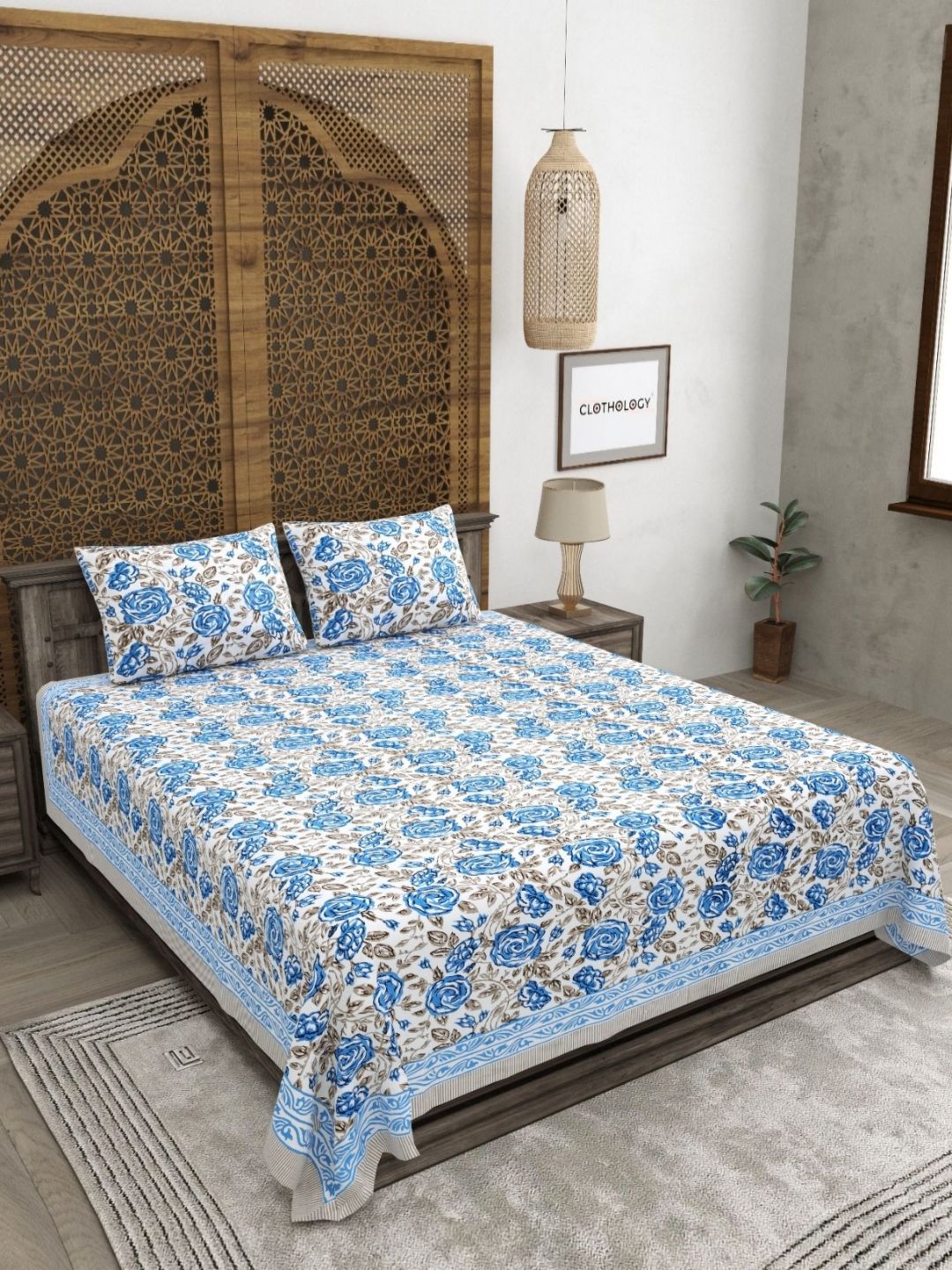 CLOTHOLOGY CLOTHOLOGY Indigo Royal Rose Gulistan 180 TC Cotton King Bedsheet with 2 Pillow Cover