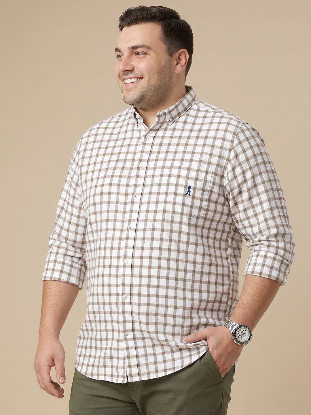 Thomas Scott Plus Size Gingham Checked Cotton Linen Casual Shirt