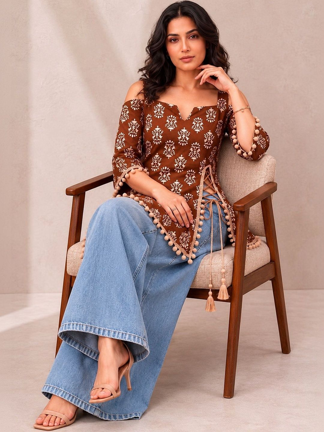 KATARA FASHION KATARA FASHION Print Cold-Shoulder Ethnic Top