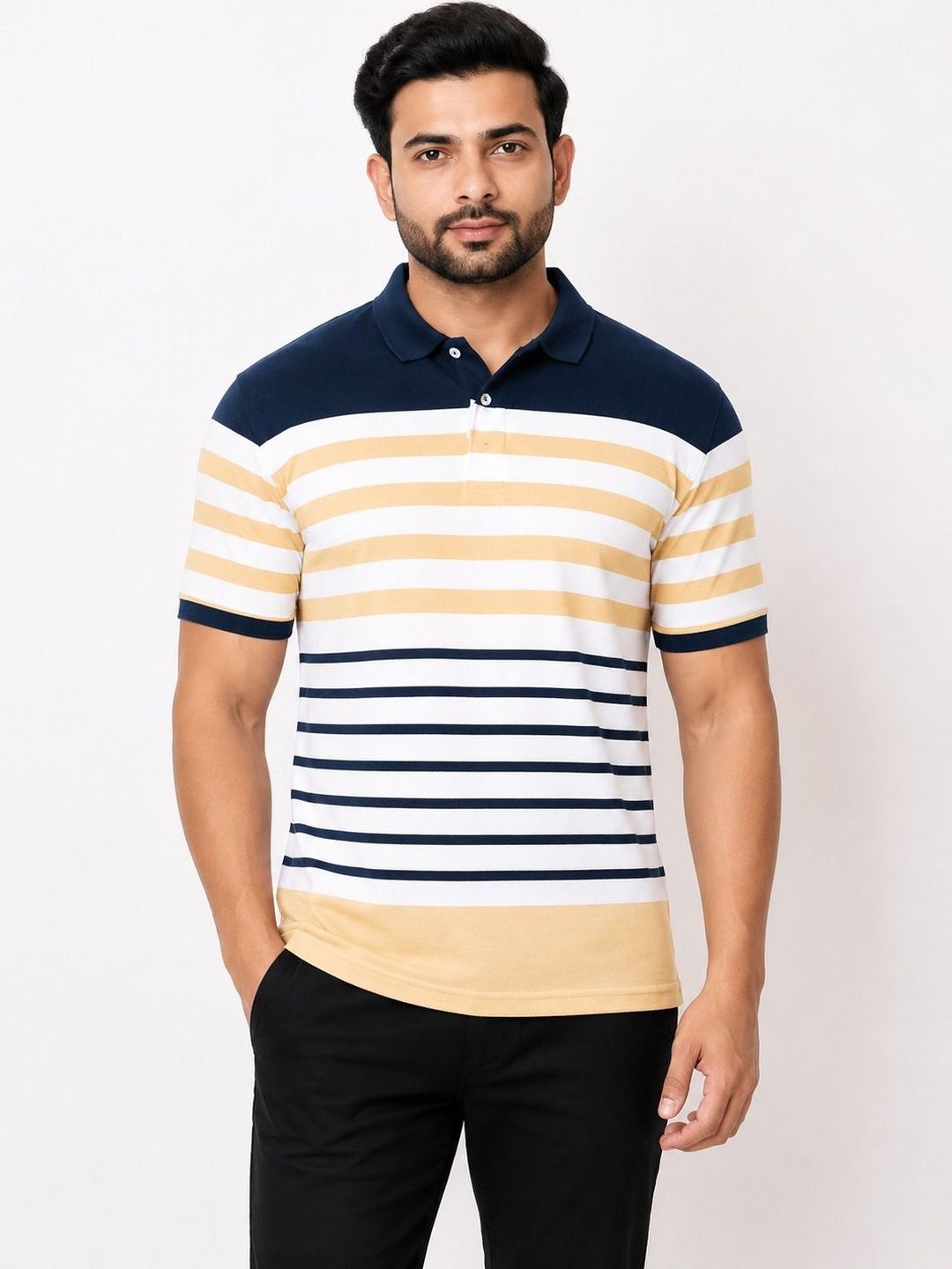 WILD COPS Men Striped Polo Collar T-shirt