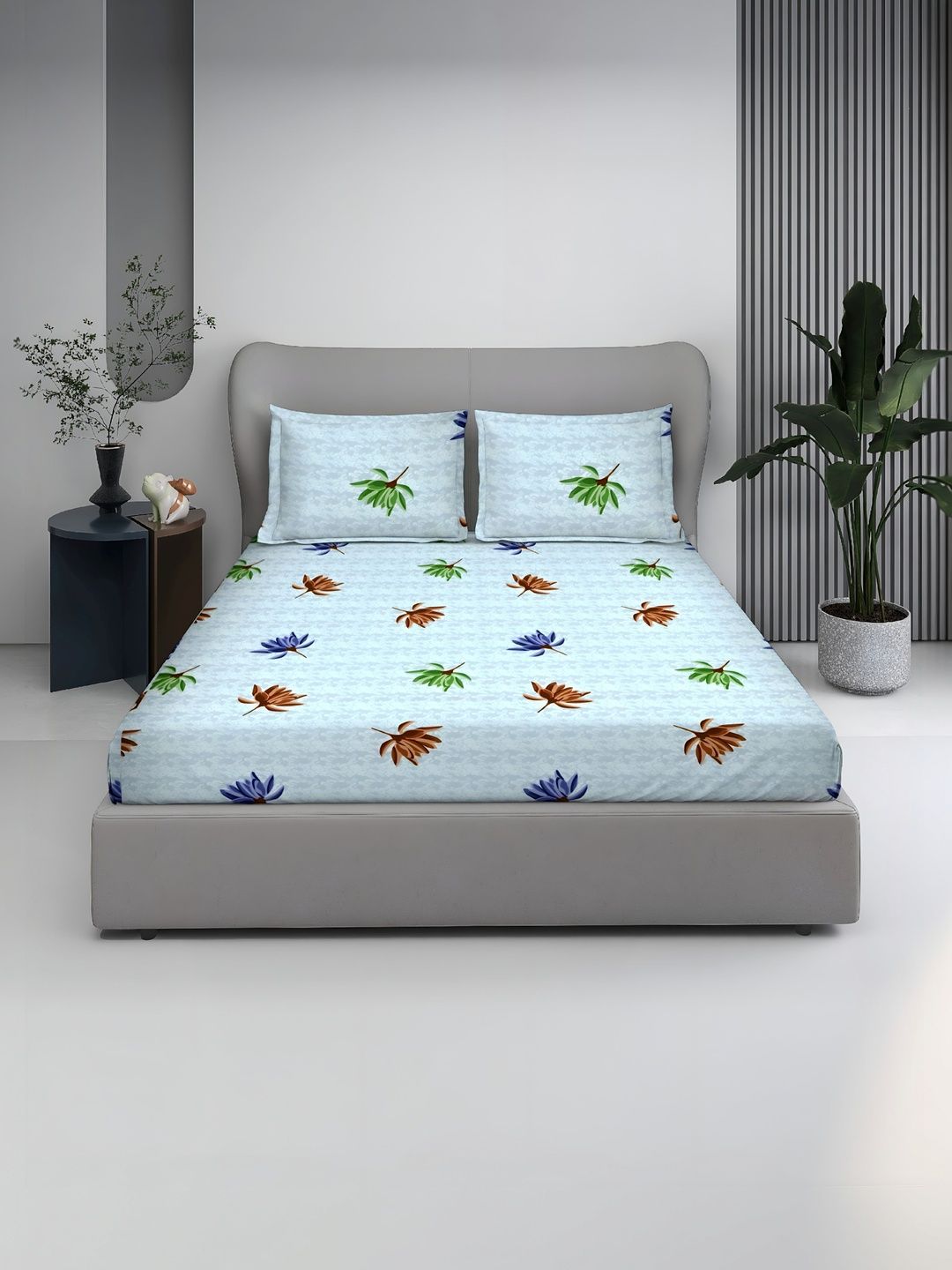 BOMBAY DYEING BOMBAY DYEING Blue & Blue Floral 144 TC King Bedsheet with 2 Pillow Covers