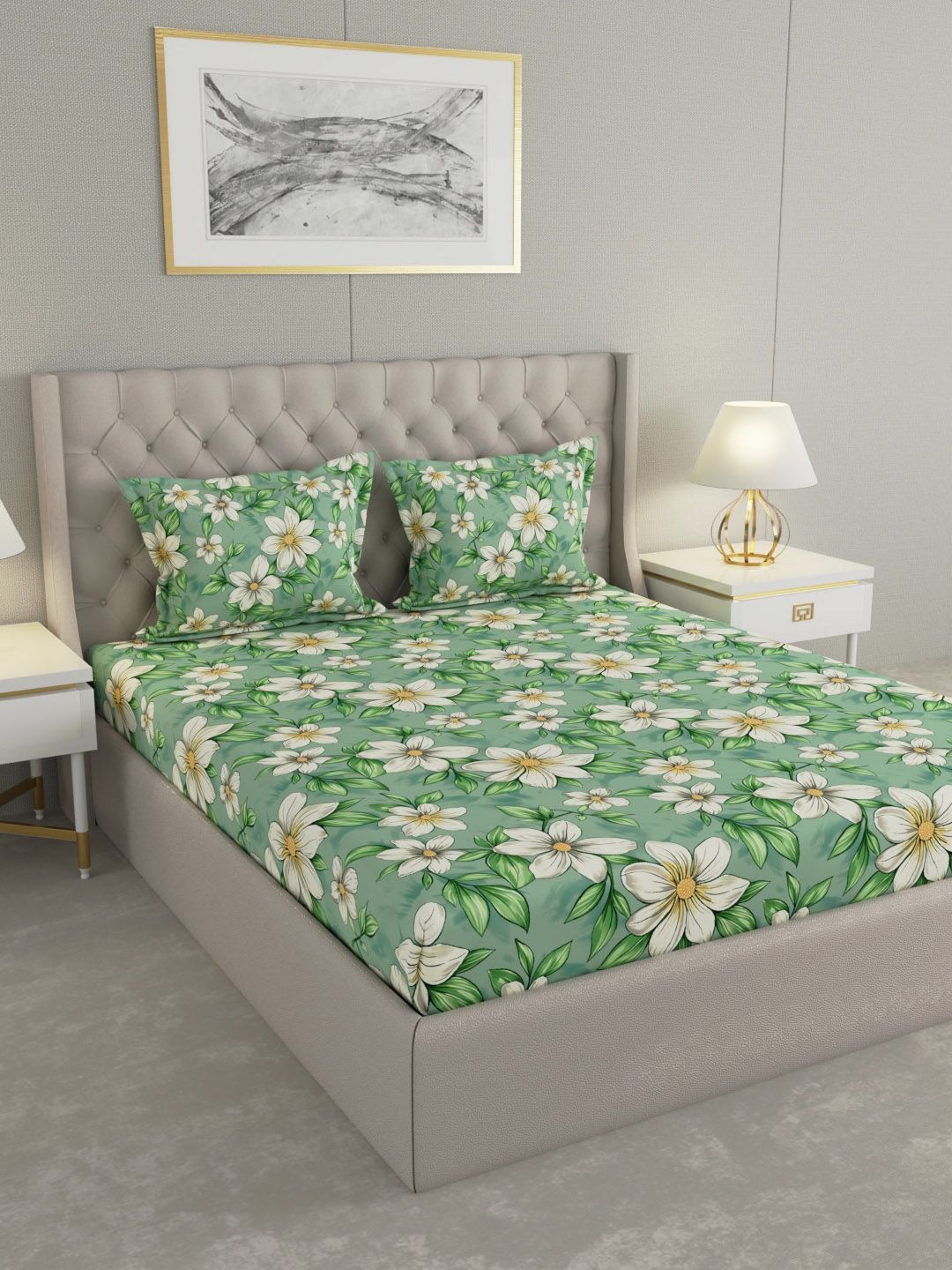 Raymond Home Raymond Home Green & White Printed 100TC Double Queen Bedsheet Set 2.25 m x 2.50 m