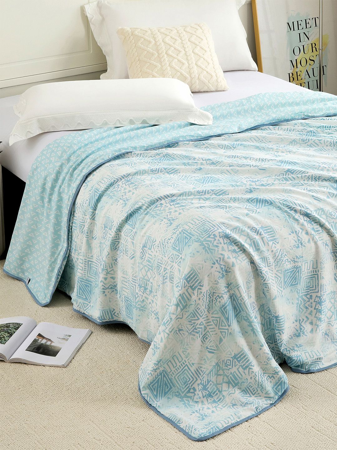 Story@home Story@home Blue & White Printed AC Room 150 GSM Reversible Cotton Single Bed Dohar
