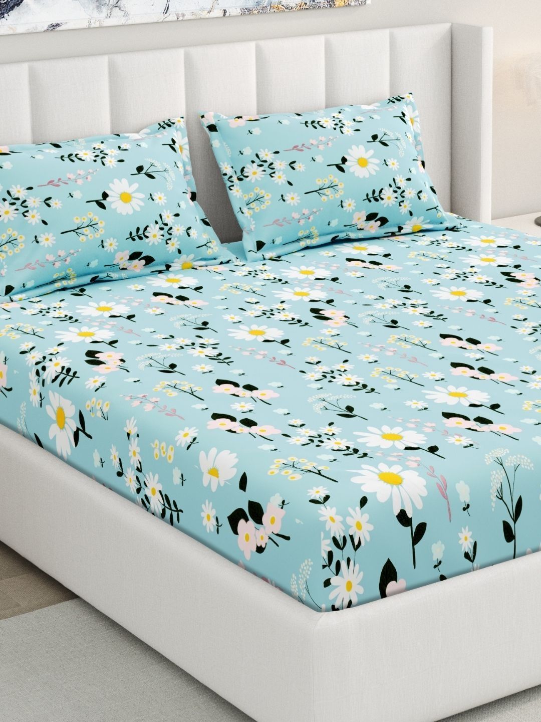 RIVERMOOR Blue Floral 200 TC King Bedsheet with 2 Pillow Covers