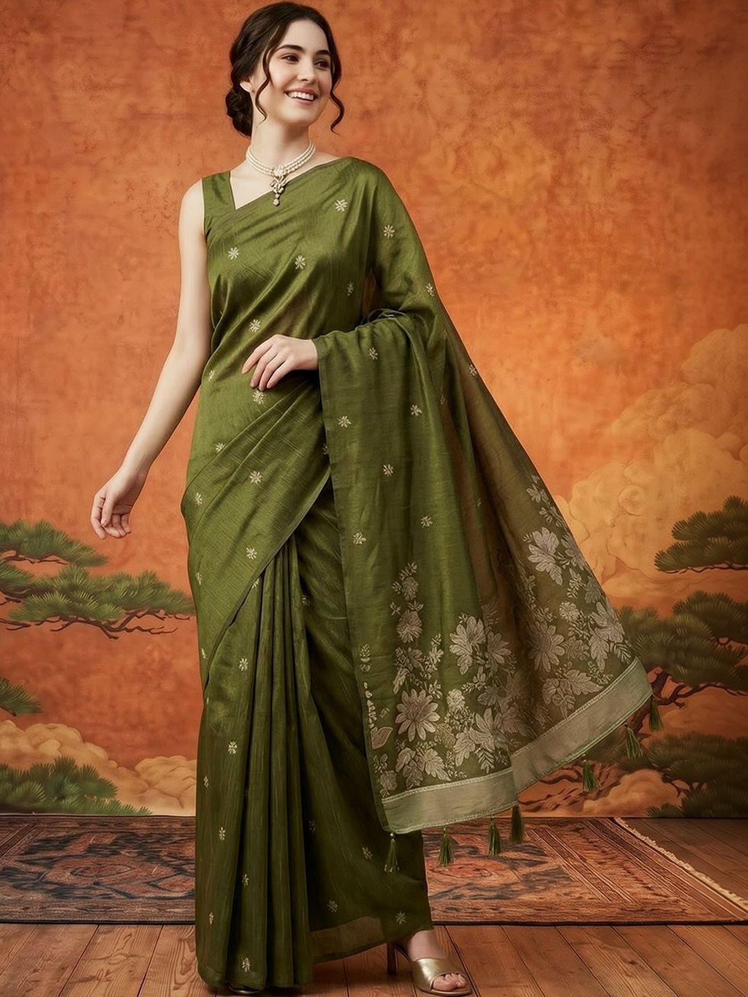 Sangria Floral Embroidered Pure Cotton Designer Kanjeevaram Saree