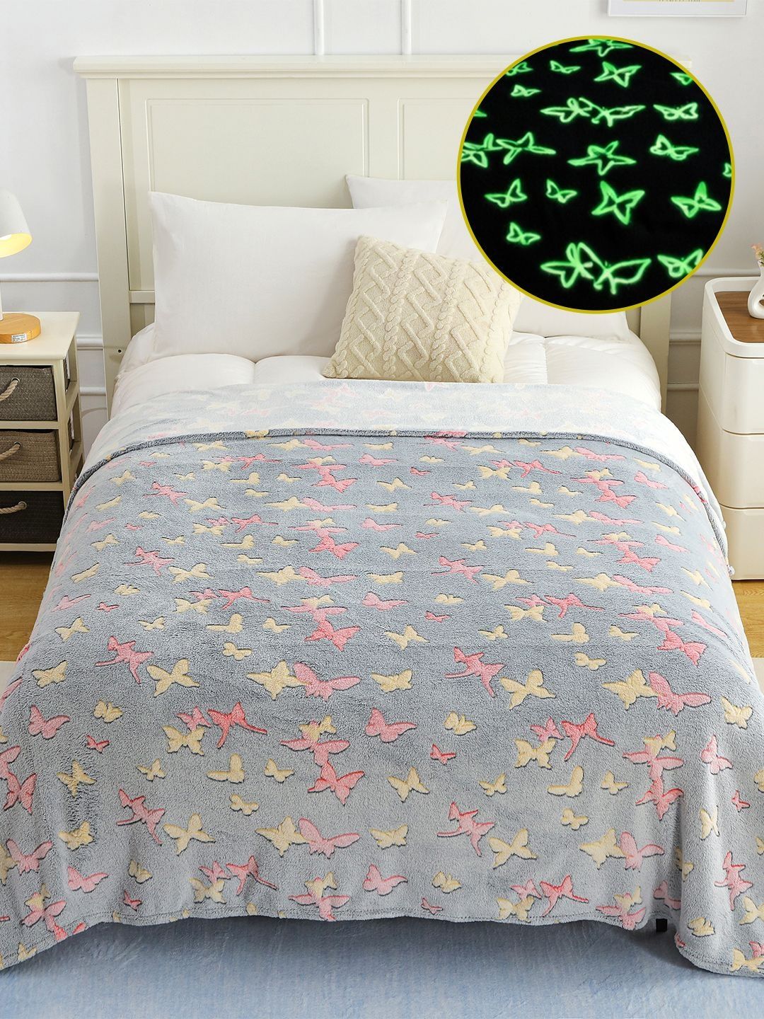 Story@home Story@home Kids Grey Pink & Yellow Glow In Dark Butterfly Single Bed 300 GSM Blanket