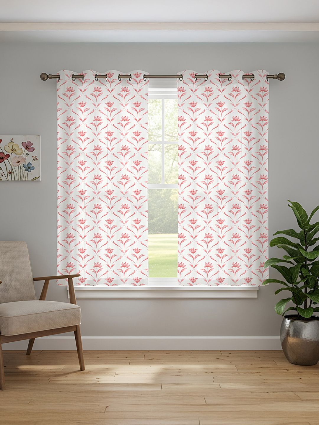 URBAN SPACE URBAN SPACE White & Pink 2 Pieces Floral Printed Window Curtains