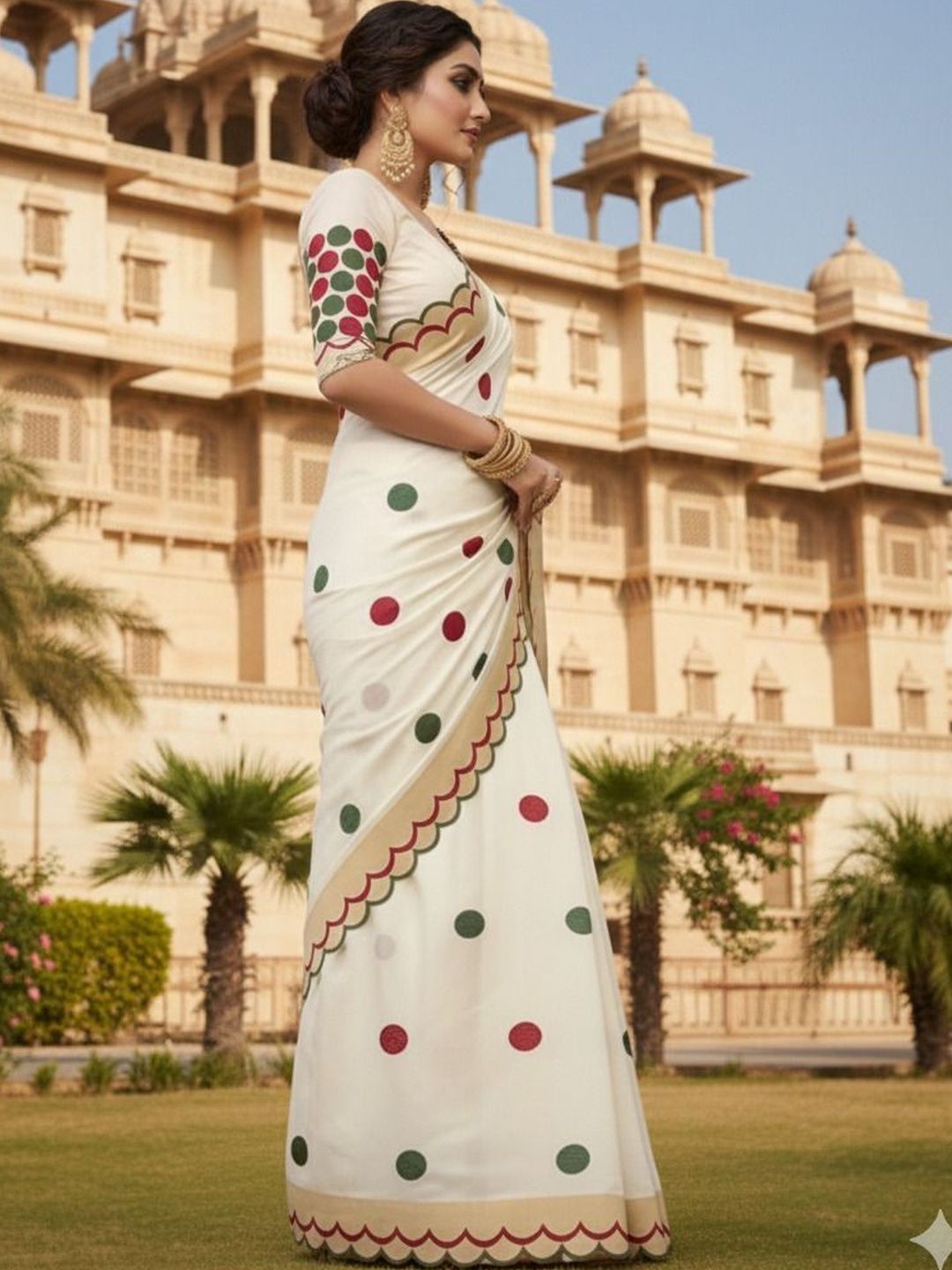 Krujha Polka Dot Aari Work Pure Linen Designer Block Print Saree