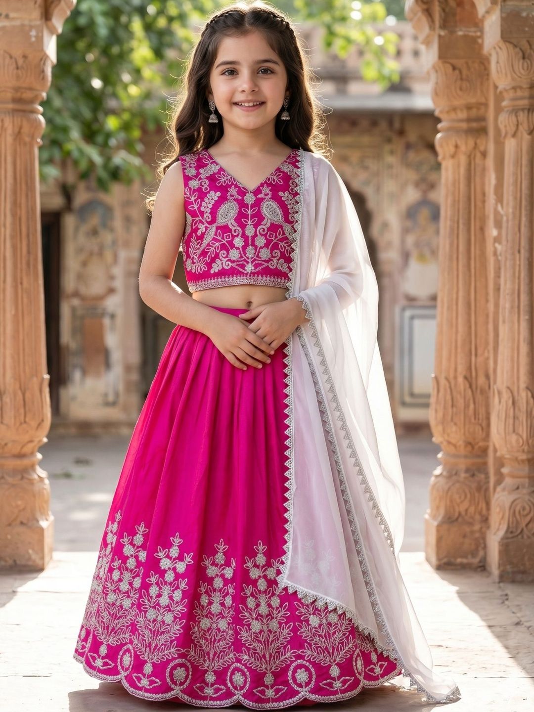 KALINI Girls Embroidered Beads and Stones Ready to Wear Lehenga & Blouse With Dupatta