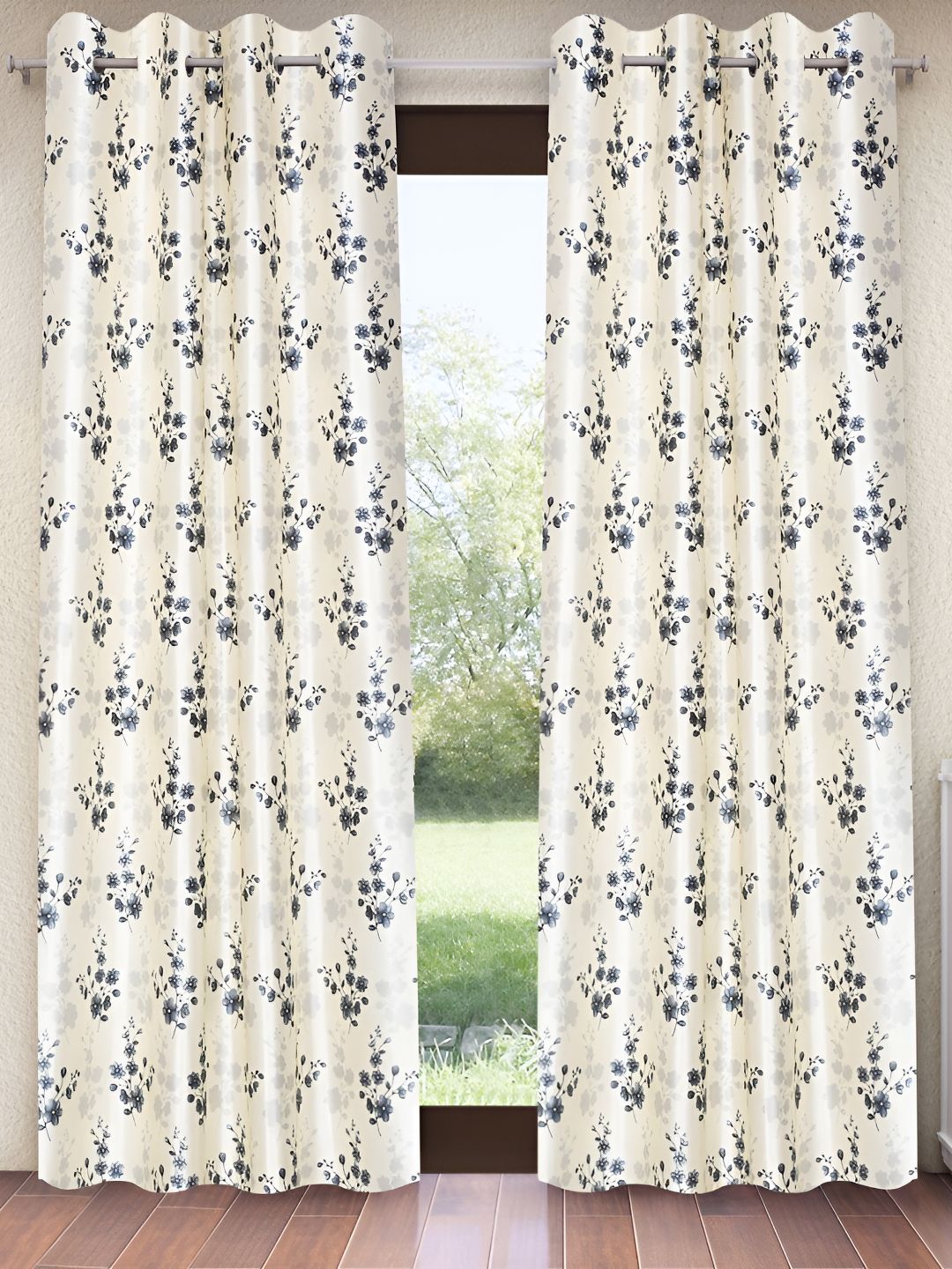 Home Sizzler Home Sizzler Cream & Grey 2 Pieces Floral Window Curtain
