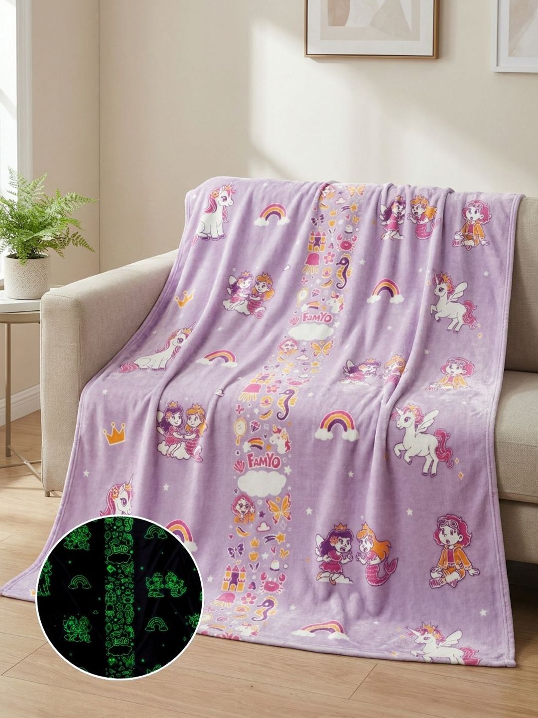 Famyo Famyo Kids Lavender Unicorn Glow In Dark Fleece Lightweight 230 GSM AC Room Queen Blanket