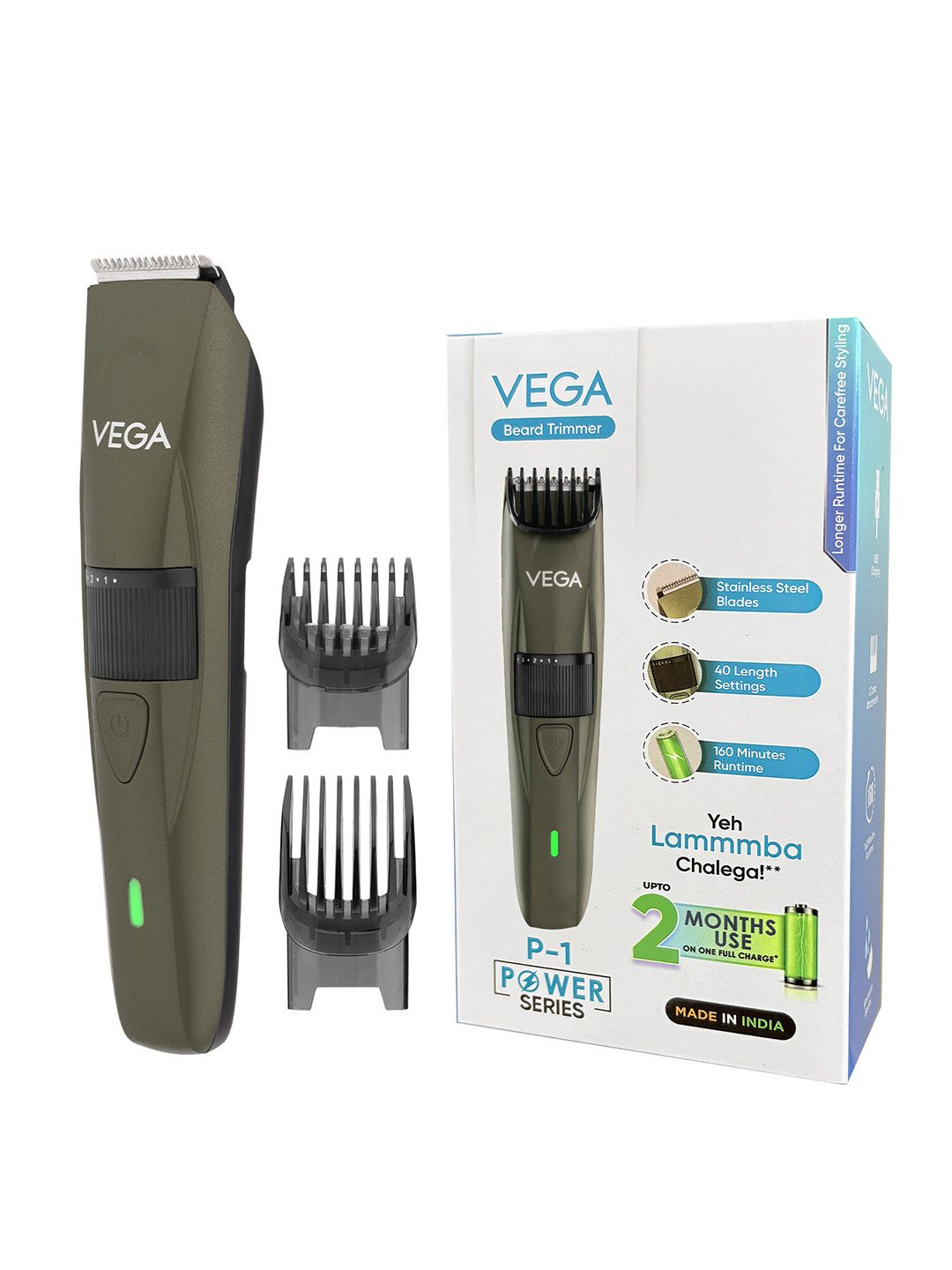 VEGA Men P1 Battery Powered Beard Trimmer with 160Min Runtime & 40 Length Settings VHTH-25