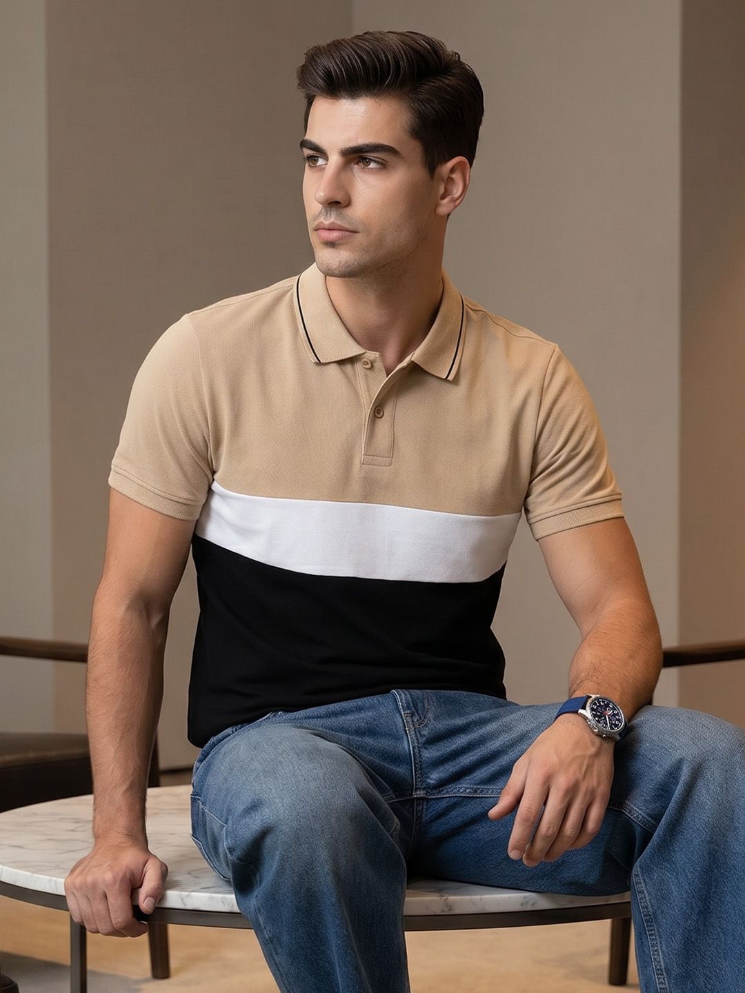encore by INVICTUS Colourblocked Polo Collar T-shirt