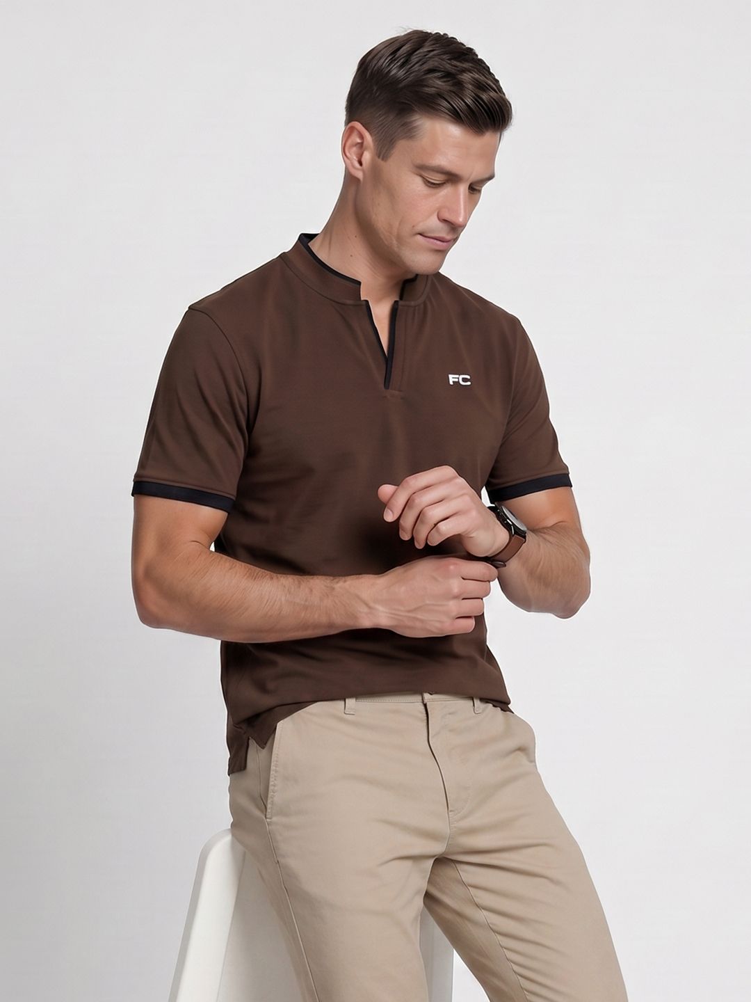 French Connection Mandarin Collar Pure Cotton T-shirt