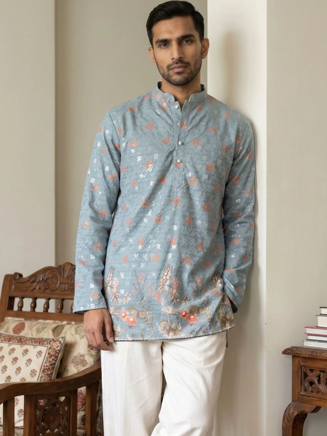 Jompers Men Floral Printed Sequinned Floral Kurta
