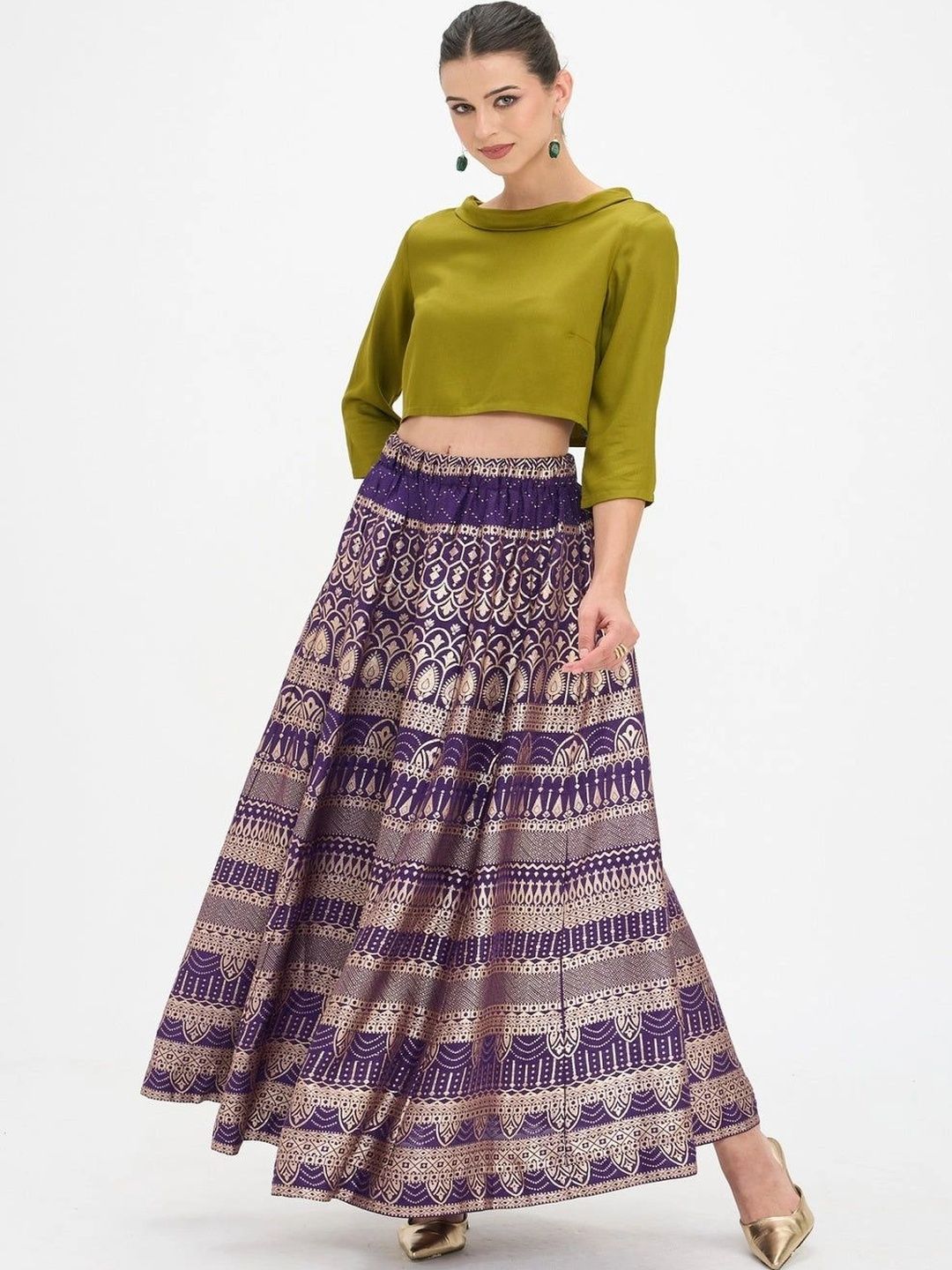 Buy Virgio Women Viscose Abstract Maxi Flared Skirt Panelled