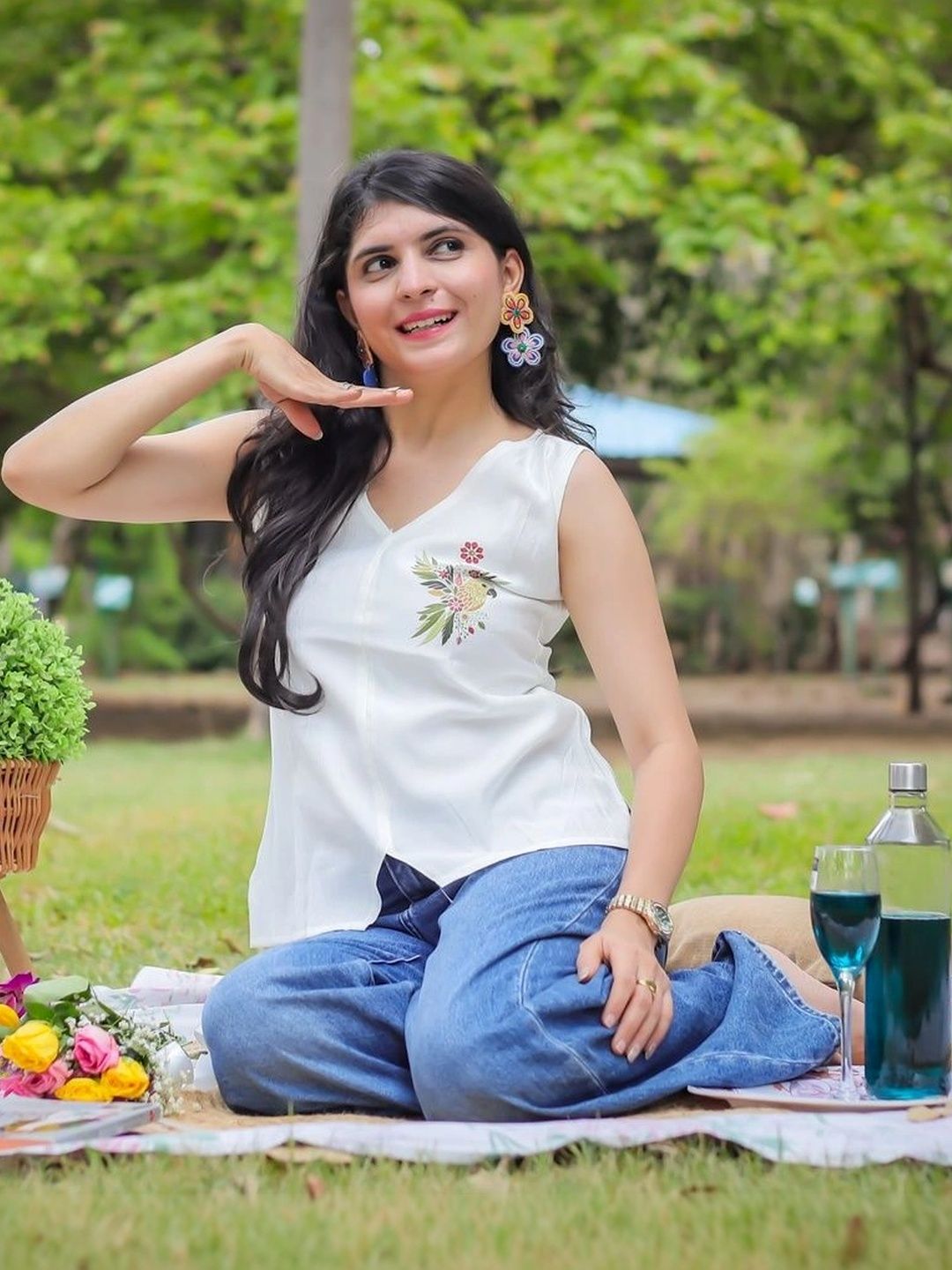 DAMAAR TEXTILE Floral Embroidered Placement Print Top