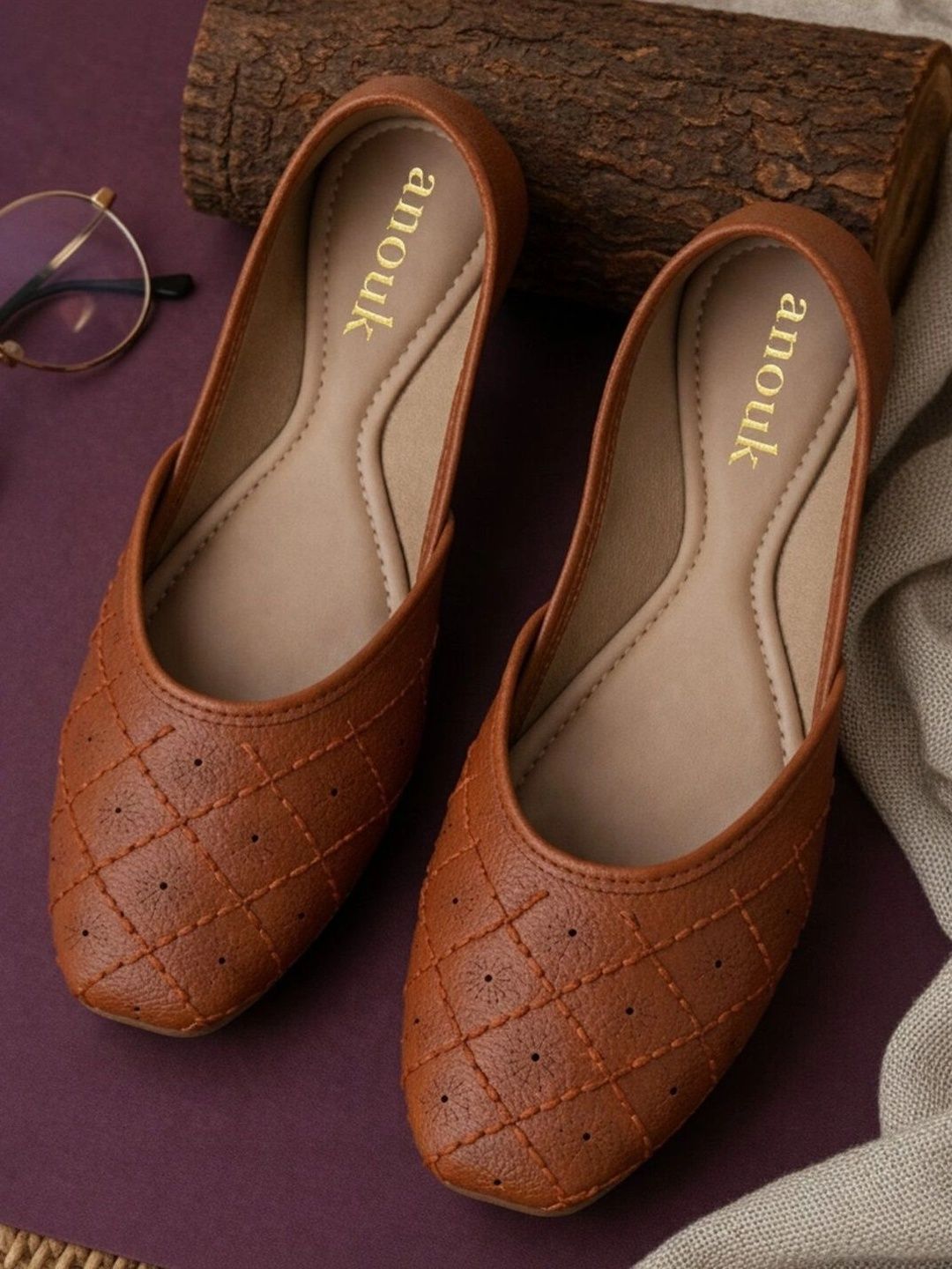 Anouk Women Textured Mojaris with Embroidered Flats