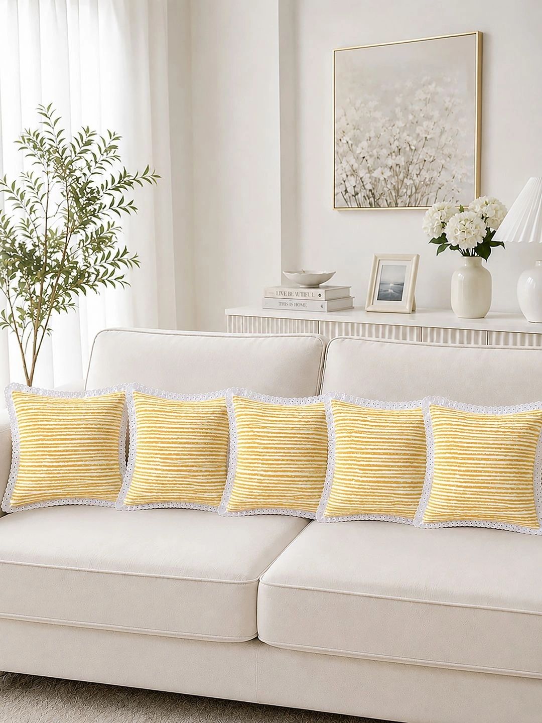 MORADO MORADO Mustard Set of 5 Striped Square Cushion Covers
