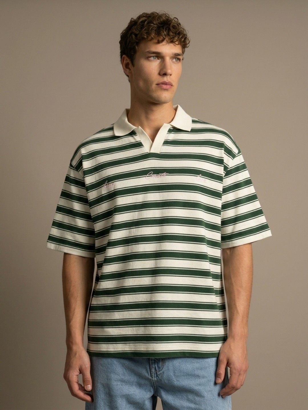 glitchez glitchez Striped Polo Collar Drop-Shoulder Sleeves Oversized T-shirt