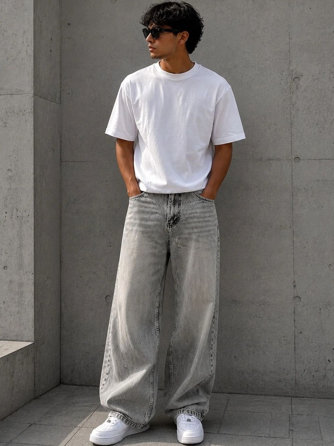 Line out line Men Wide Leg Mid-Rise Low Distress Heavy Fade Jeans