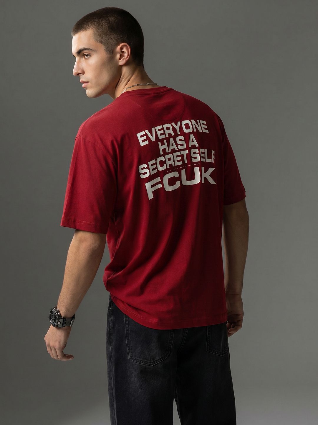 FCUK Typography Printed Drop-Shoulder Sleeves Pure Cotton Relaxed Fit T-shirt