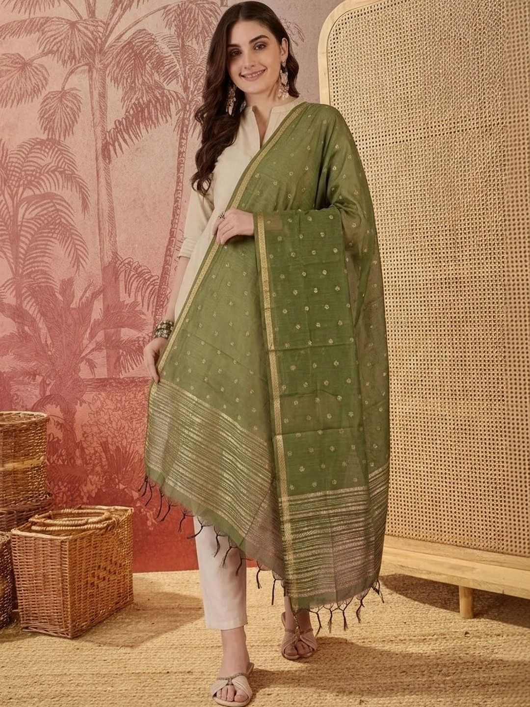 Sangria Ethnic Motifs Woven Design Dupatta with Zari