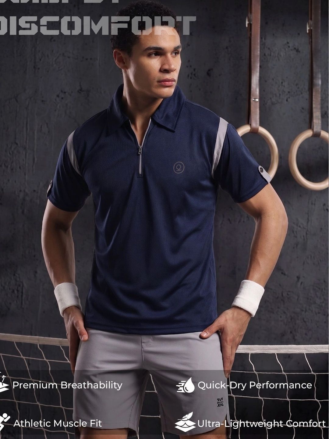 CHKOKKO Men Polo Neck Regular Fit Short Sleeves Gym Sports Zipper Tshirt