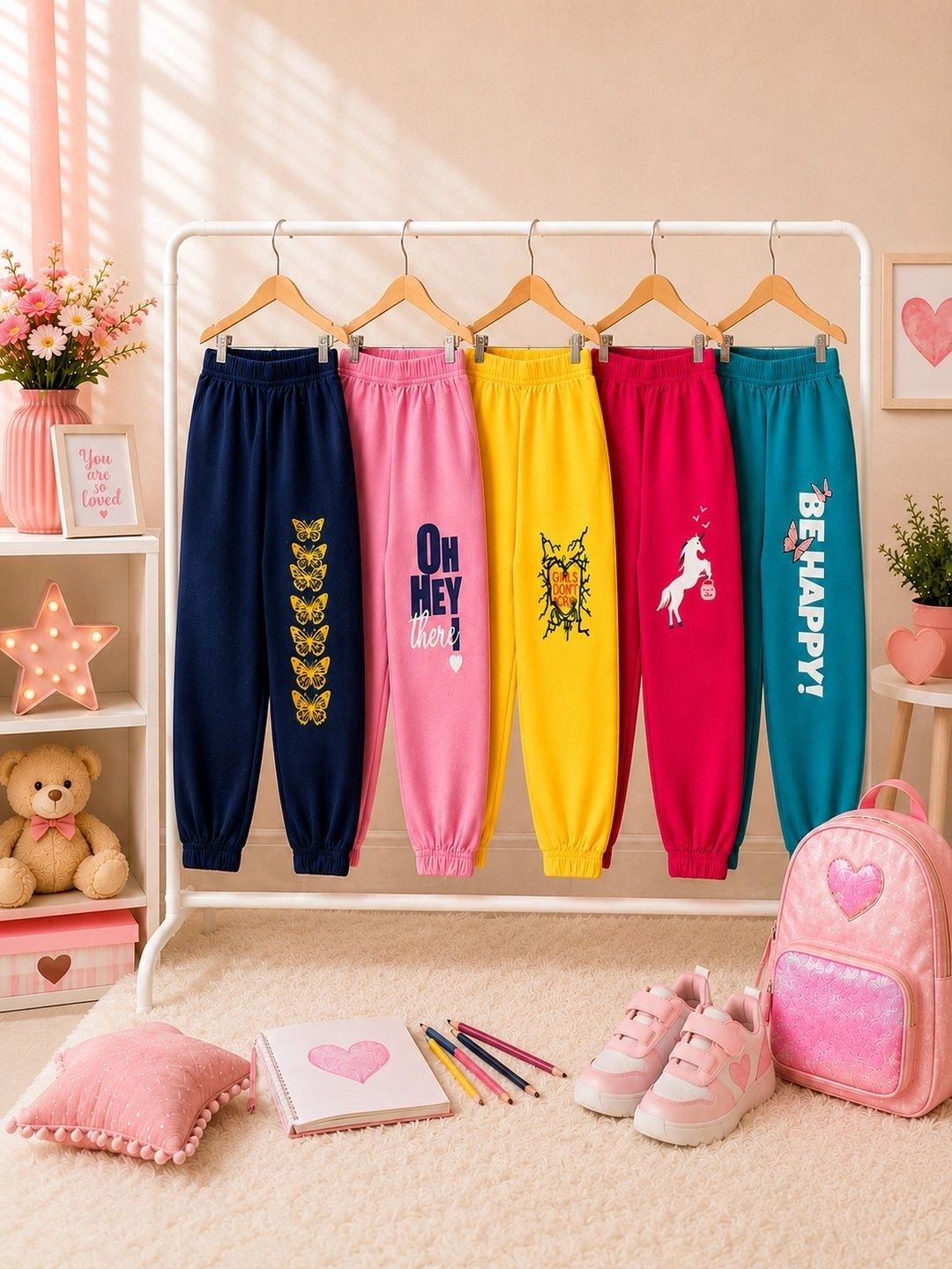 FAZZA Girls Pack Of 5 Printed Pure Cotton Joggers